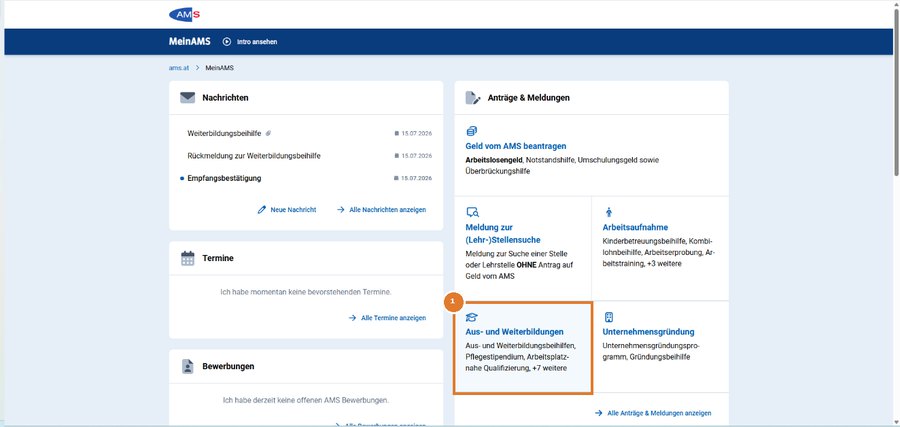 Screenshot des eAMS-Dashboards MeinAMS mit hervorgehobener Kachel „Aus- und Weiterbildungen“