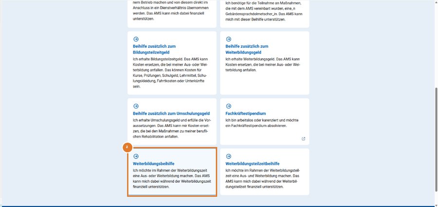 Screenshot der eAMS-Beihilfenübersicht mit hervorgehobener Kachel „Weiterbildungsbeihilfe“
