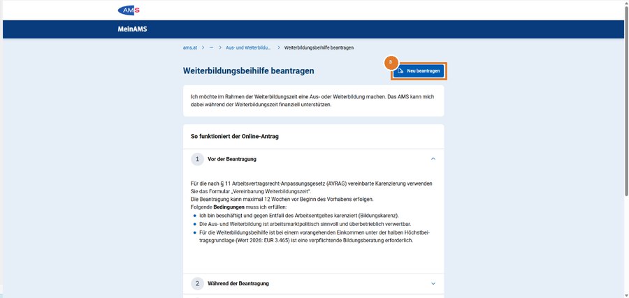 Screenshot der eAMS-Seite „Weiterbildungsbeihilfe beantragen“ mit hervorgehobenem Button „Neu beantragen“